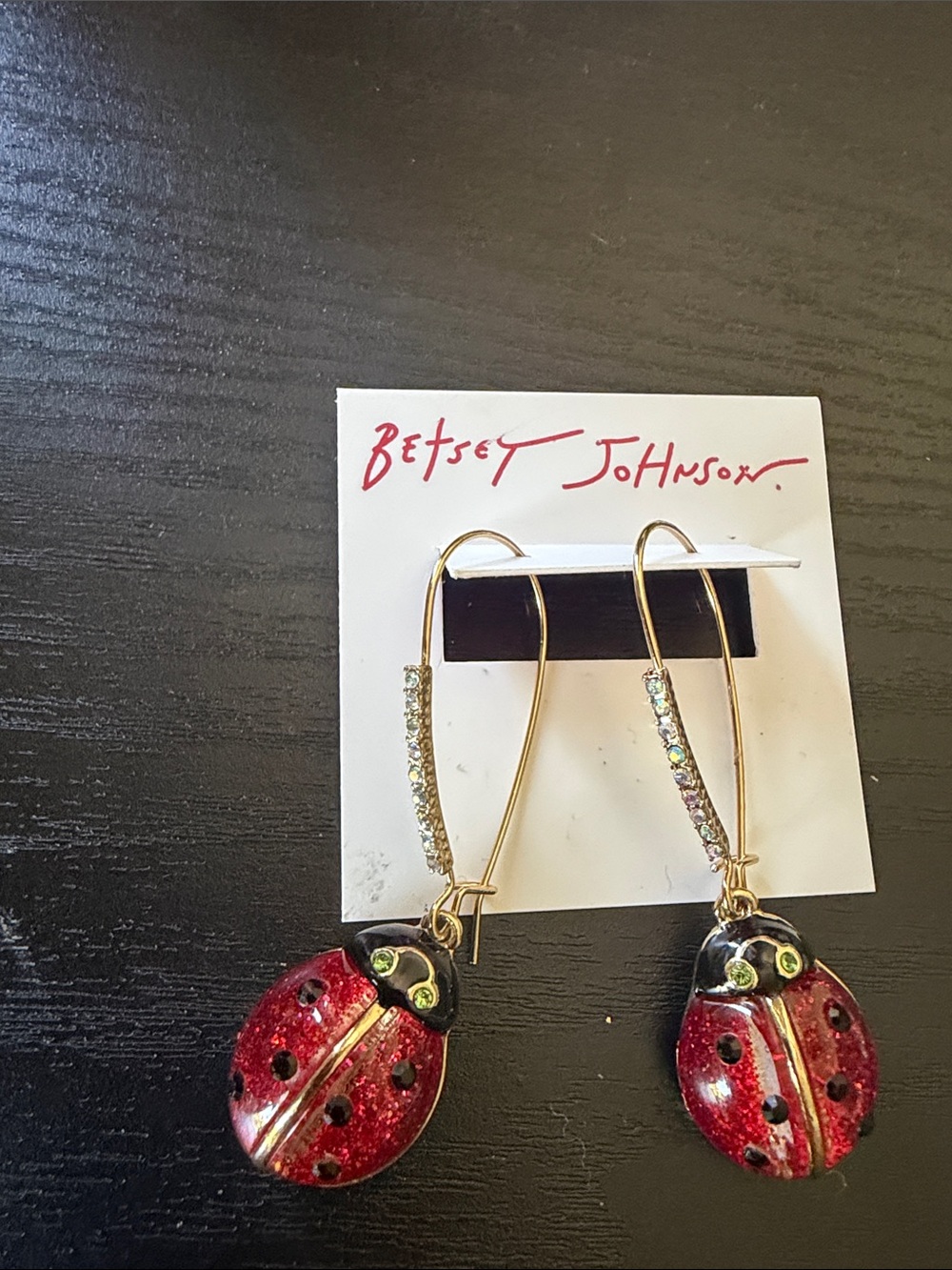 Betsey Johnson Red Ladybug Dangle Earrings with Crystal Accented Hooks